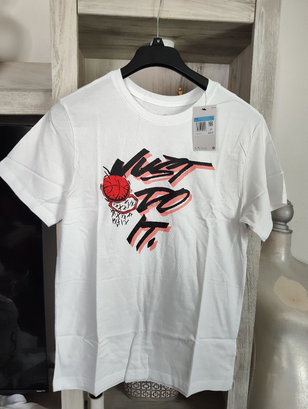 Nike White Short Sleeve 'Just Do It' Graphic Tee with Red Accent SZ M